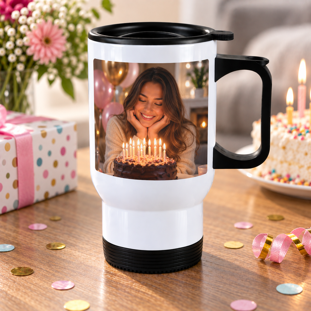 Personalised Birthday Photo Travel Mug – Upload Your Own Photo | Custom Photo Travel Cup