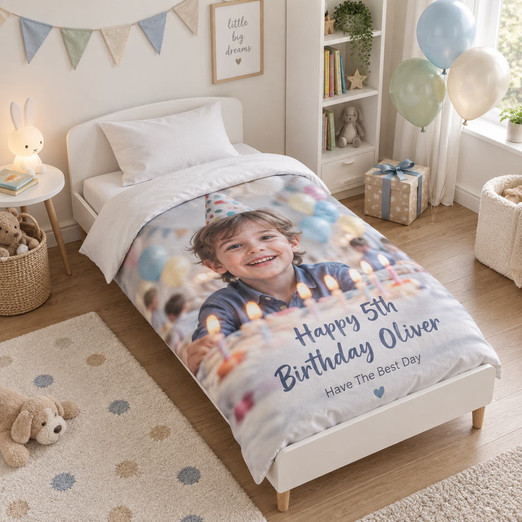 Personalised Birthday Photo Cot Bedding Duvet Cover & Pillowcase Set - Custom Birthday Cot Bedding Duvet Cover & Pillowcase Set With Photos, Name & Message