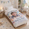 Personalised Birthday Photo Cot Bedding Duvet Cover & Pillowcase Set - Custom Birthday Cot Bedding Duvet Cover & Pillowcase Set With Photos, Name & Message