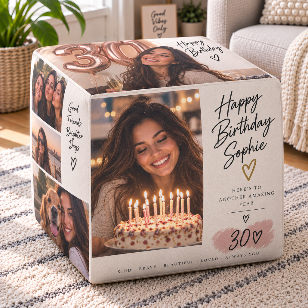 Personalised Birthday 4  Photos Pouffe  - Custom Birthday Design With Photos, Name & Message