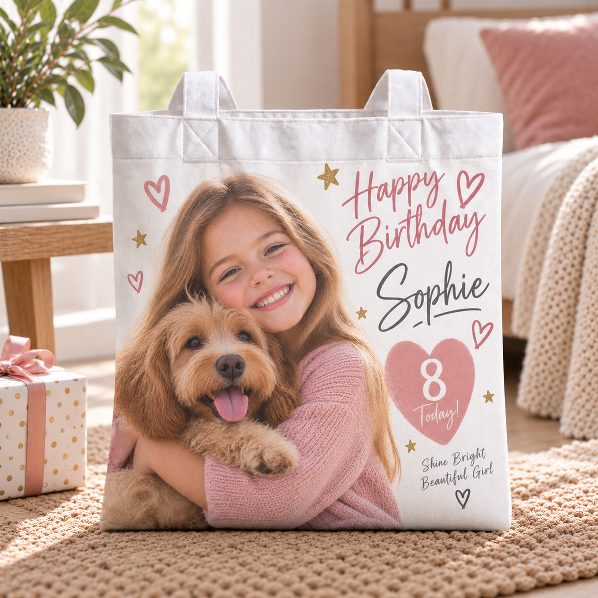 Personalised Birthday Photo Tote Bag – Upload Your Own Photos, Name and Message | Custom Photo Shopping Bag