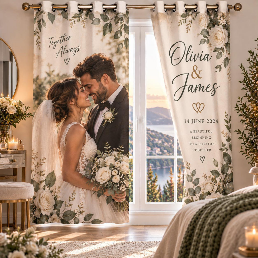 Personalised Wedding Curtain - Custom Curtain With Photo, Name & Date