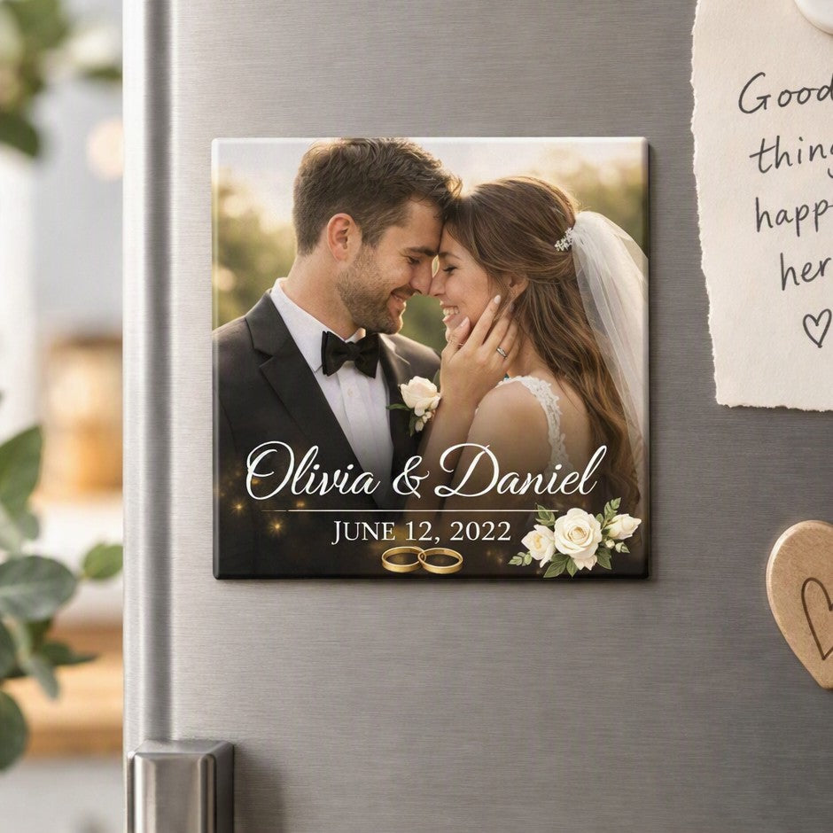 Personalised Wedding Photo Magnet – Upload Your Own Photo, Name and Date | Custom Fridge Magnet