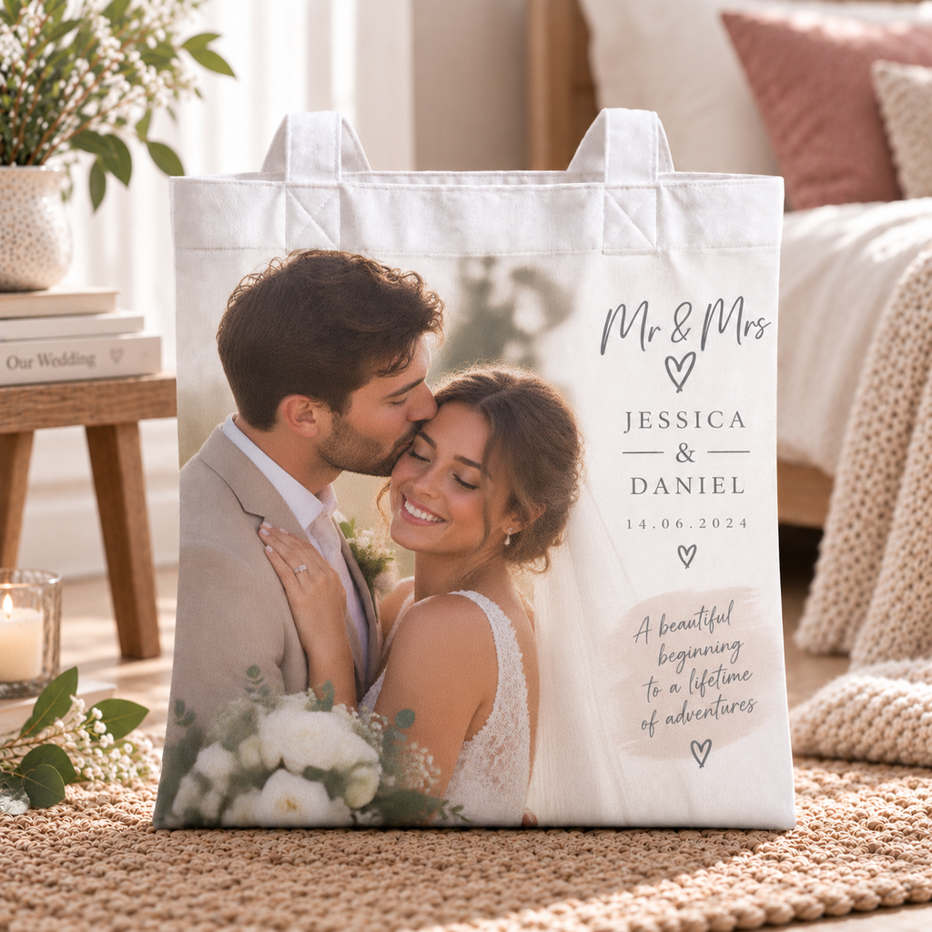 Personalised Wedding Photo Tote Bag – Upload Your Own Photo, Name and Date | Custom Photo Shopping Bag