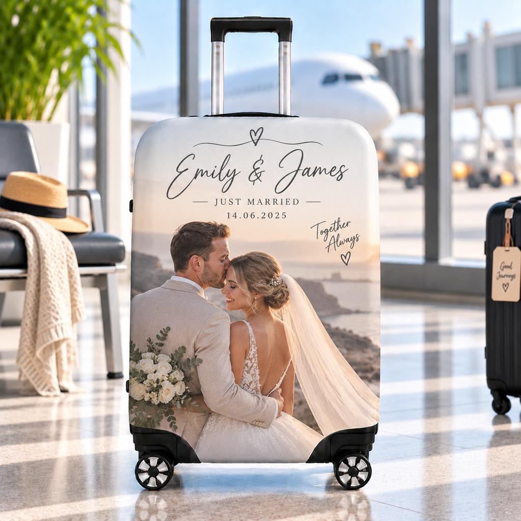 Personalised Wedding Luggage Cover - Custom Luggage Cover With Photo, Name & Date