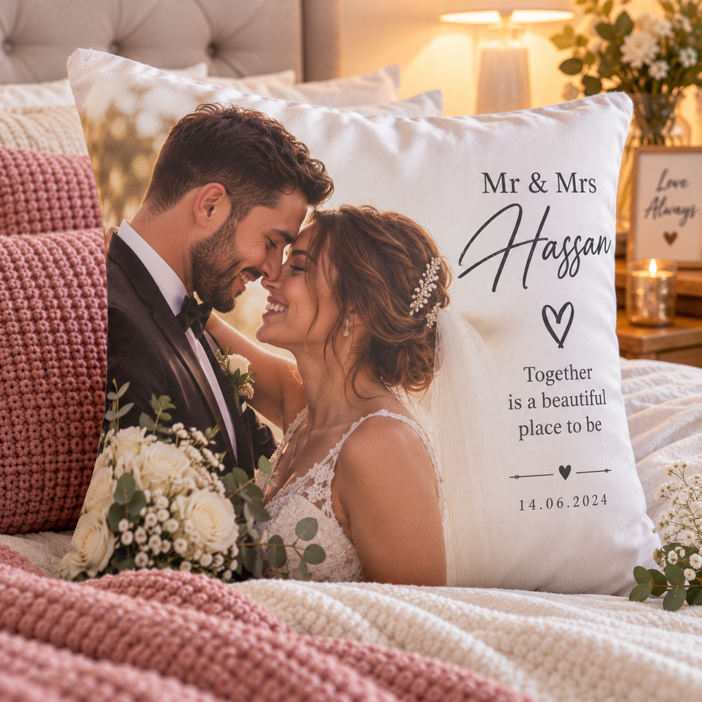 Personalised Wedding Cushion - Custom Cushion With Photo, Name & Date