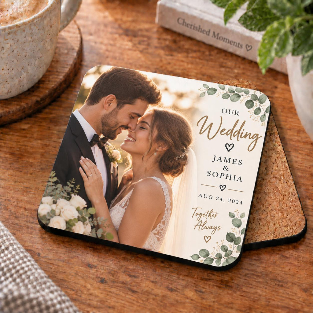 Personalised Wedding Photo Coaster – Upload Your Own Photo, Name and Date | Custom Picture Coaster