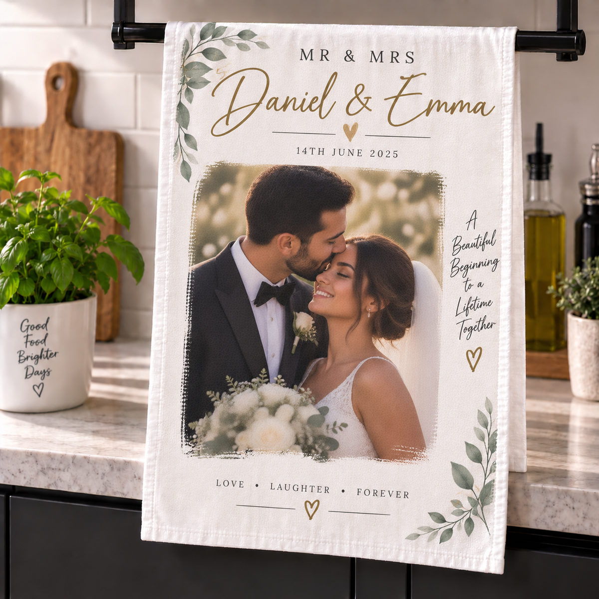 Personalised Wedding Tea Towel  - Custom Design With Photo, Name & Date