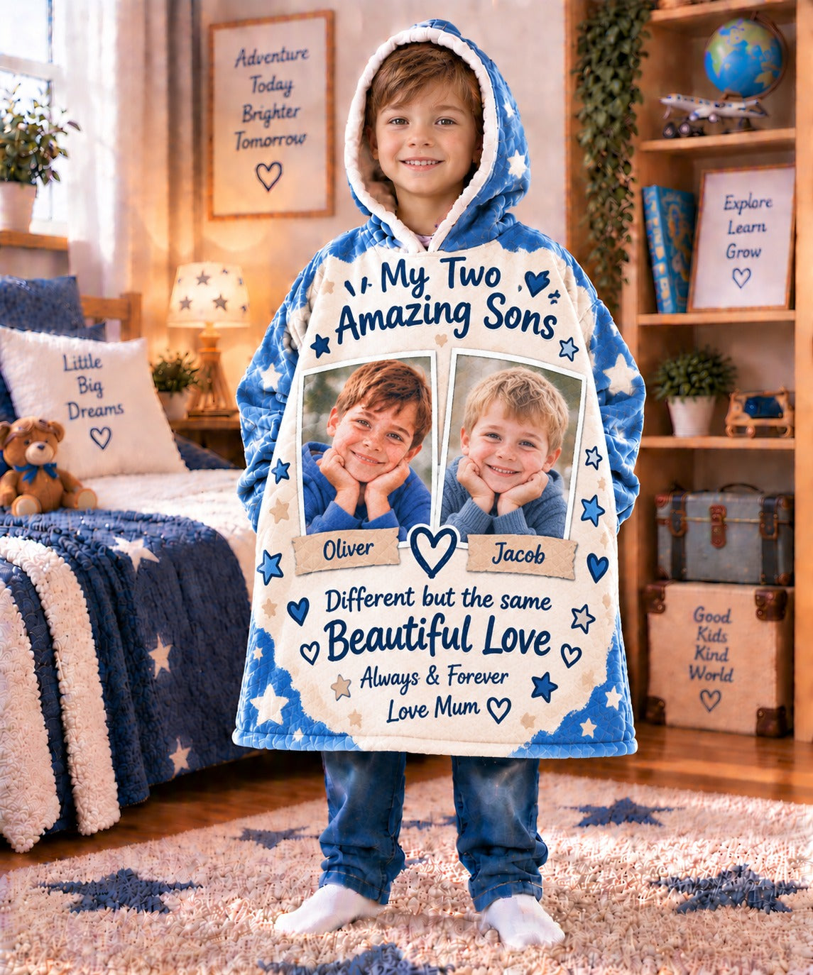 Personalised 2 Photo & Message Kids Oversized Hoodie – Upload Your Own Photos and Message | Cosy Wearable Blanket