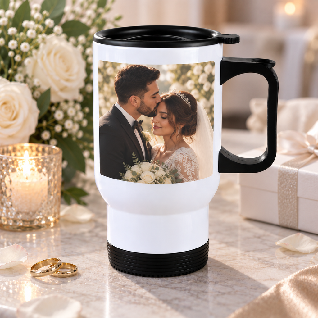 Personalised Wedding Photo Travel Mug – Upload Your Own Photo | Custom Photo Travel Cup