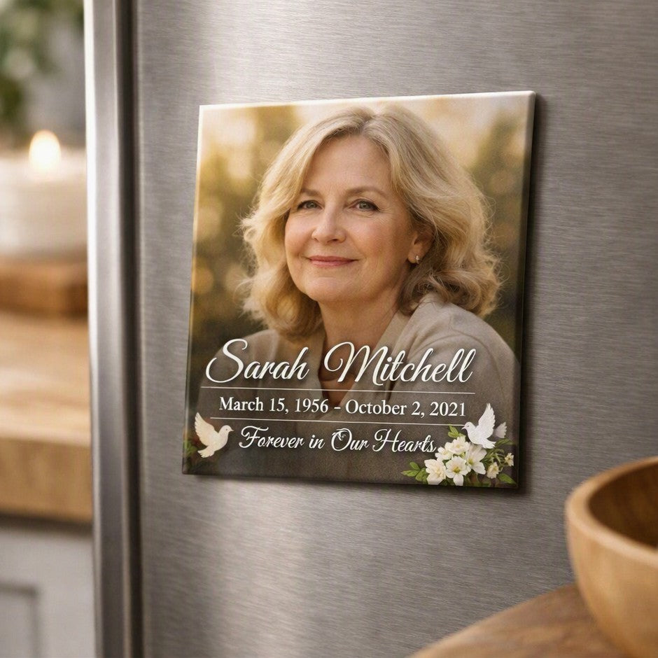 Personalised Memorial Photo Magnet – Upload Your Own Photo, Name and Dates | Custom Fridge Magnet