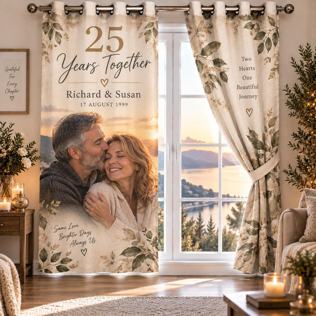 Personalised Anniversary Photo Curtain - Custom Couples Curtain With Photos, Names & Date