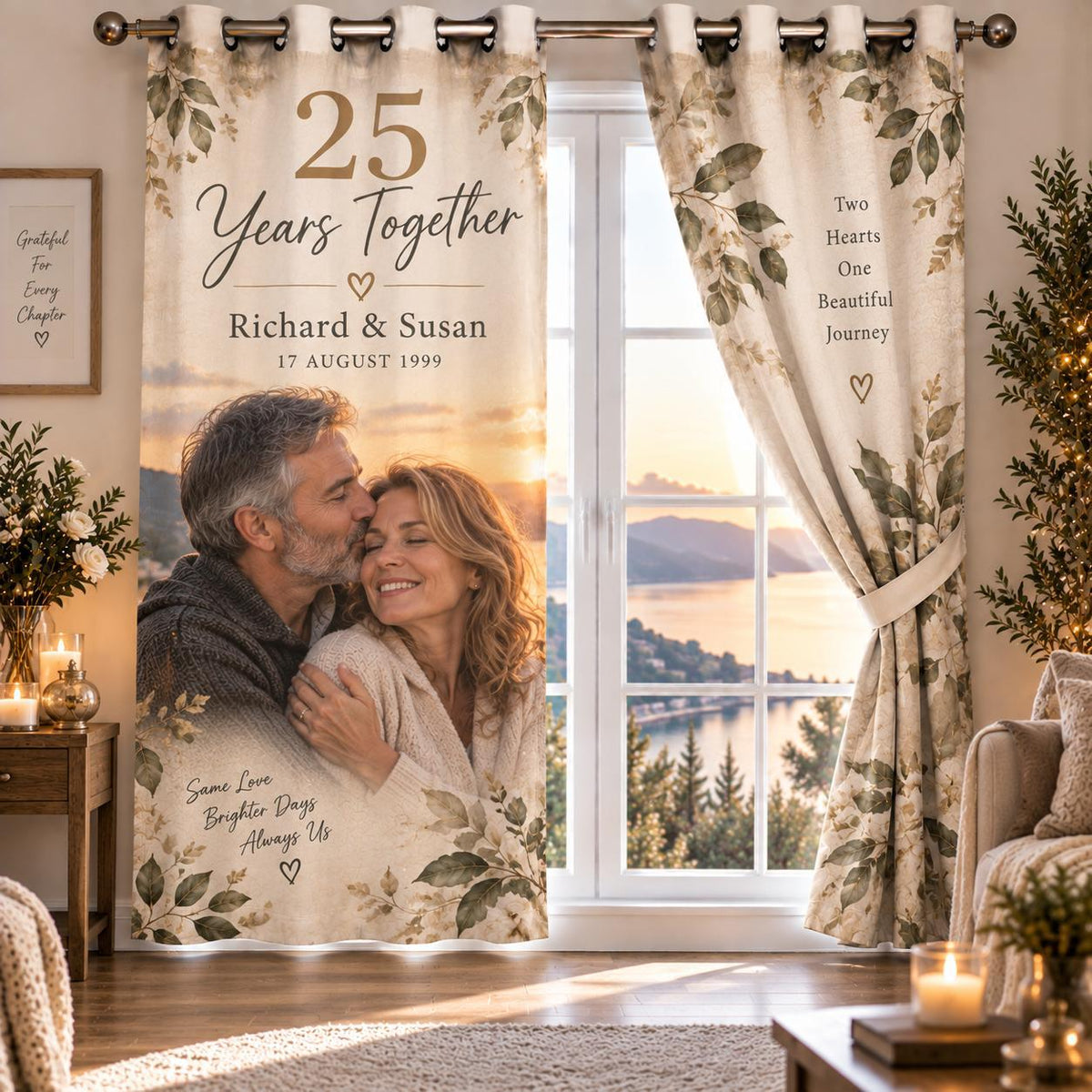 Personalised Anniversary Photo Curtain - Custom Couples Curtain With Photos, Names & Date