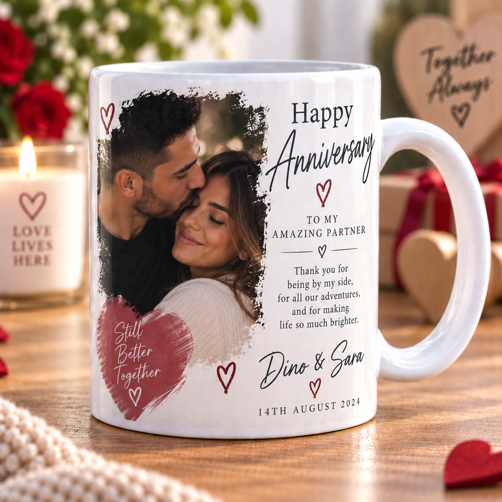 Personalised Anniversary Photo Mug - Custom Couples Mug With Photos, Names & Date