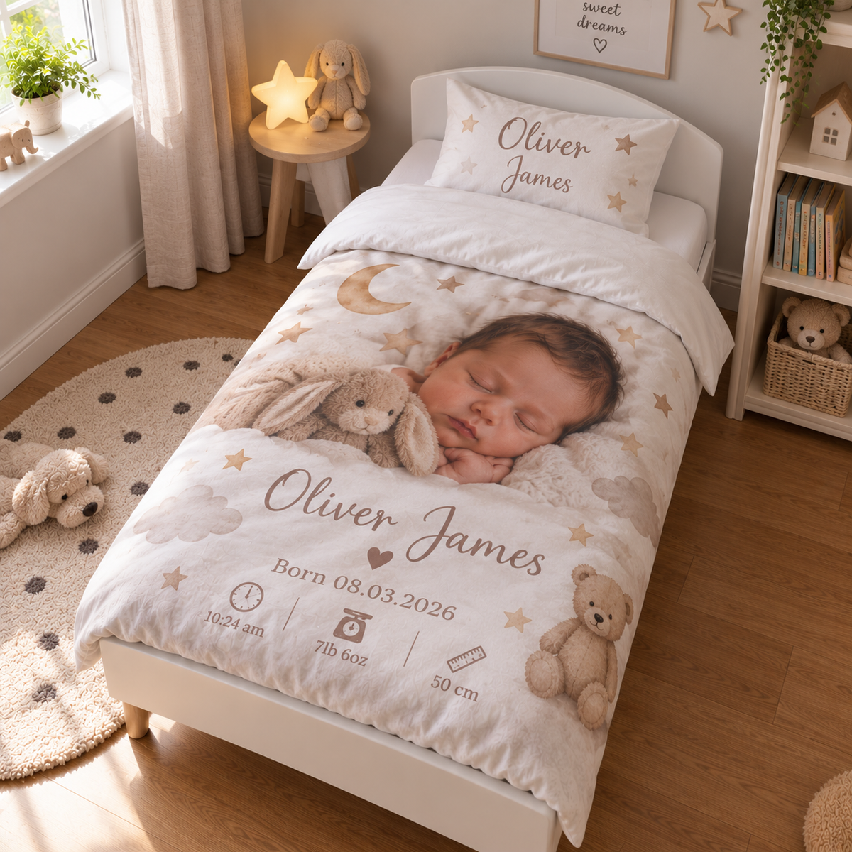 Personalised Kid Photo Cot Bedding Duvet Cover & Pillowcase Set - Custom Kid Cot Bedding Duvet Cover & Pillowcase Set With Photos, Names & Date