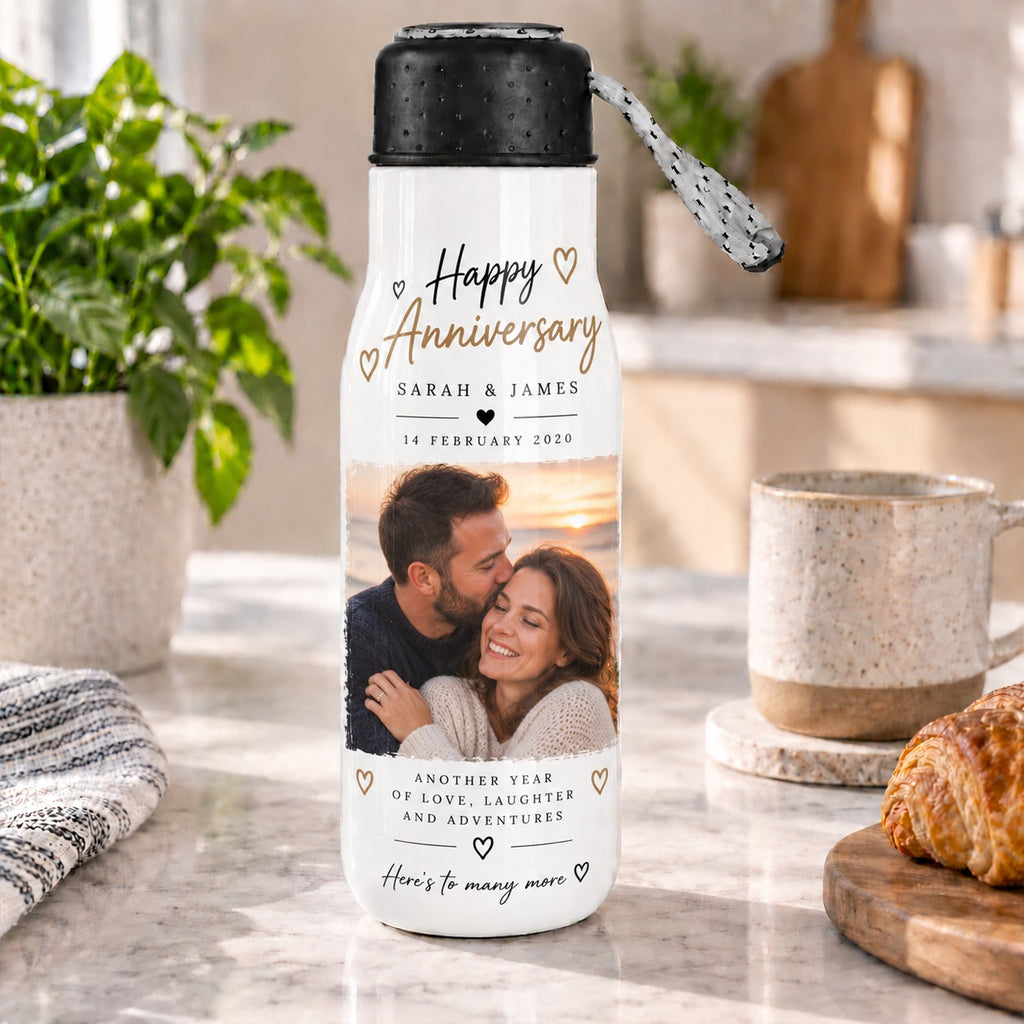 Personalised Anniversary Photo Travel Bottle – Upload Your Own Photos, Names and Date | Custom Photo Water Bottle