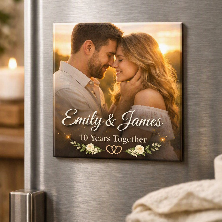 Personalised Anniversary Photo Magnet – Upload Your Own Photos, Names and Date | Custom Fridge Magnet