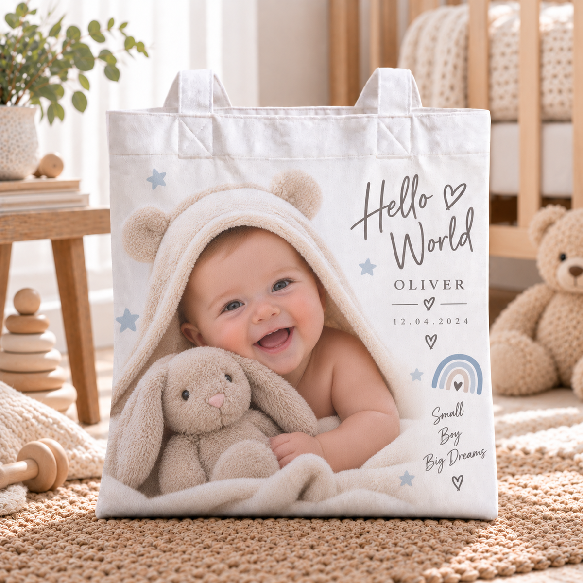 Personalised Kid Photo Tote Bag – Upload Your Own Photo, Name and Date | Custom Photo Shopping Bag
