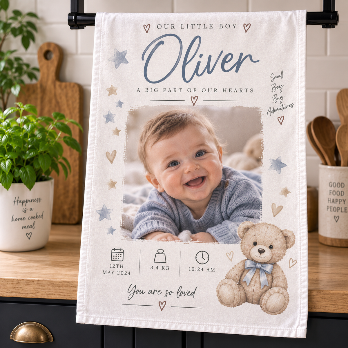 Personalised Kid Photo Tea Towel  - Custom Design With Your Kid Photo, Name & Date