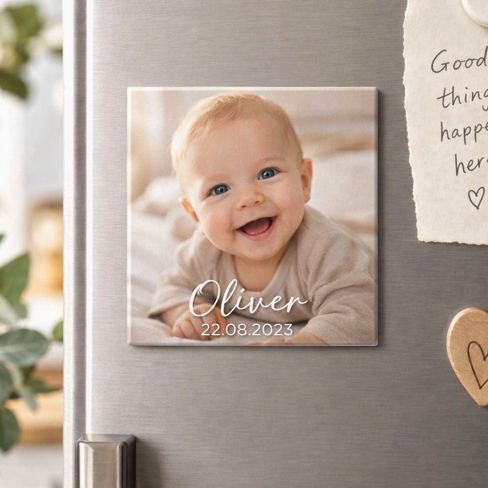 Personalised Kid Photo Magnet – Upload Your Own Photo, Name and Date | Custom Fridge Magnet