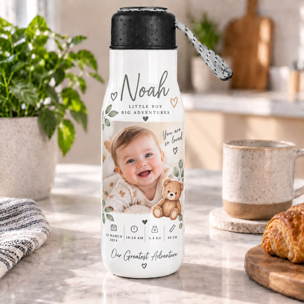 Personalised Kid Photo Travel Bottle – Upload Your Own Photo, Name and Date | Custom Photo Water Bottle