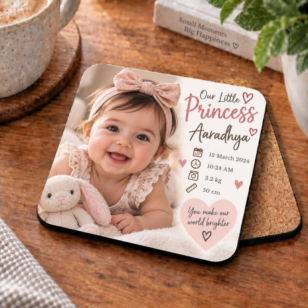 Personalised Kid Photo Coaster – Upload Your Own Photo, Name and Date | Custom Picture Coaster