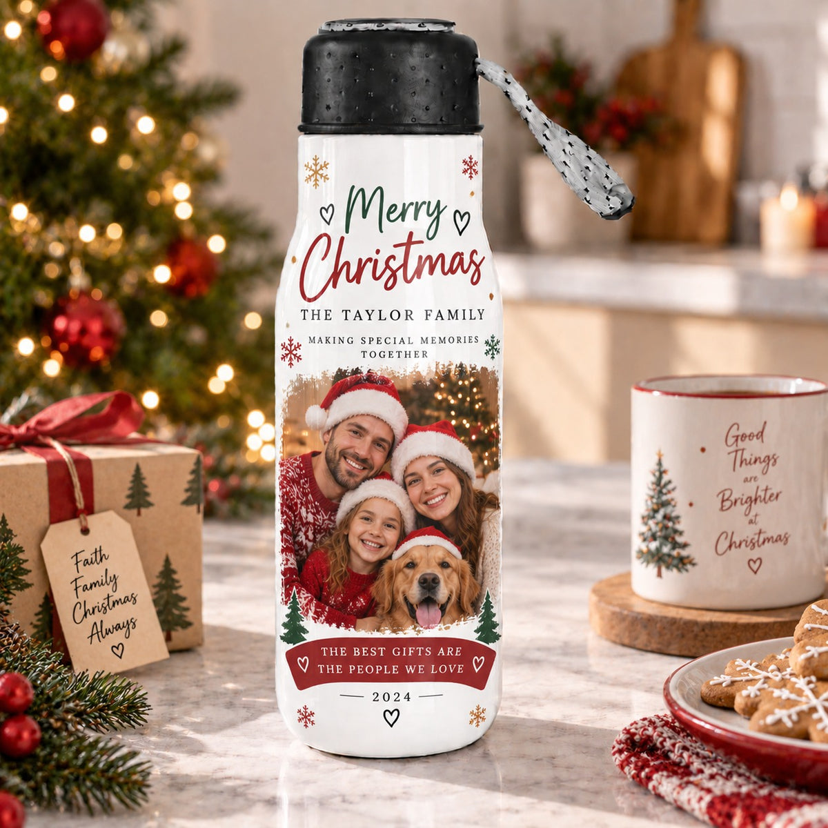 Personalised Christmas Photo Travel Bottle – Upload Your Own Photos and Message | Custom Photo Water Bottle