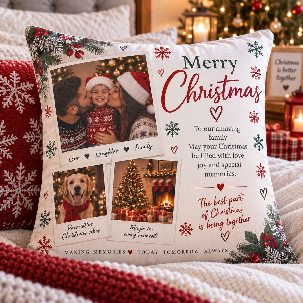 Personalised Christmas 3 Photo Cushion - Custom Family Cushion With Photos & Message