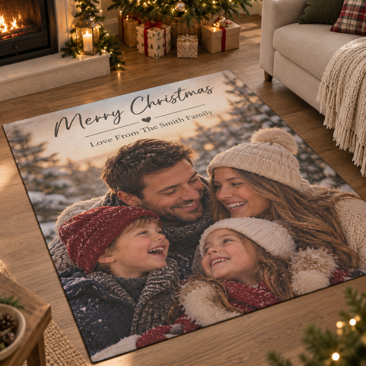 Personalised Christmas Photo Rug - Custom Family Rug With Photos & Message