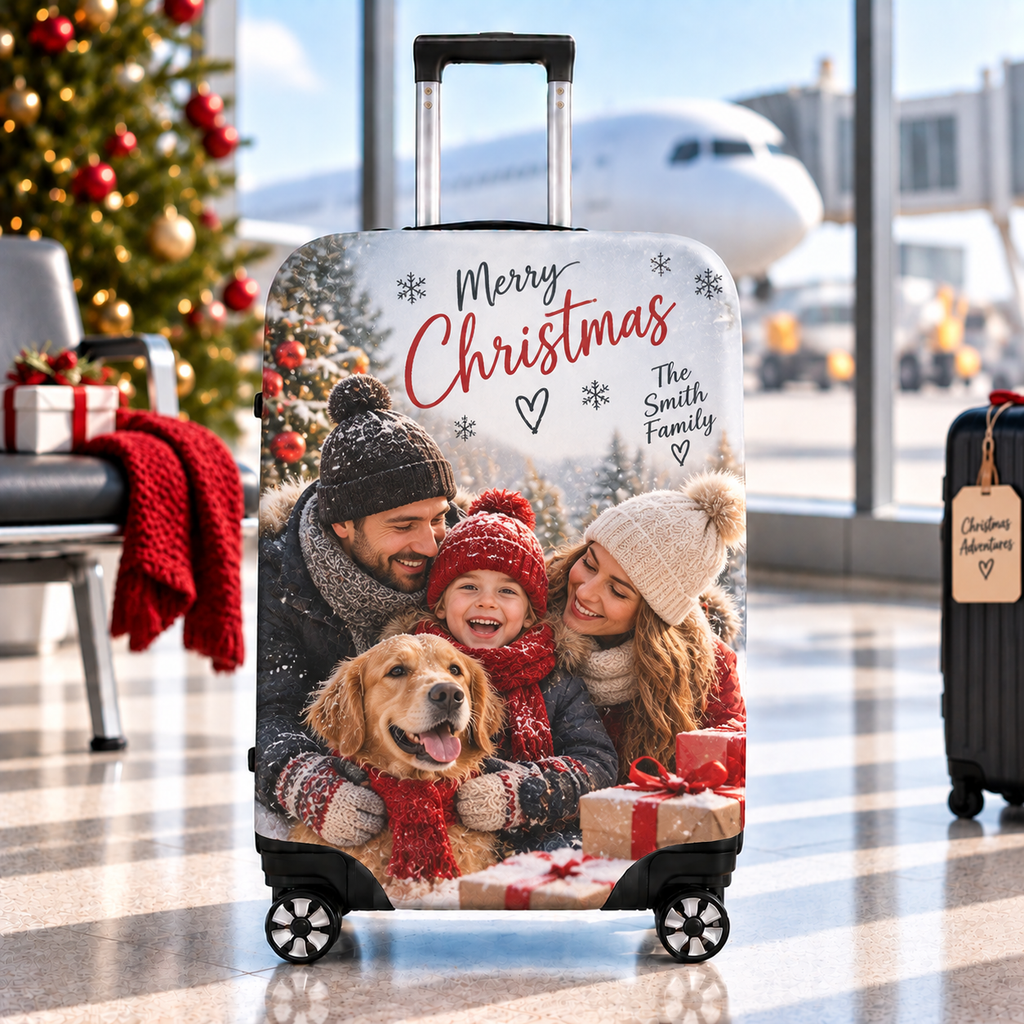 Personalised Christmas Photo Luggage Cover - Custom Family Luggage Cover With Photos & Message