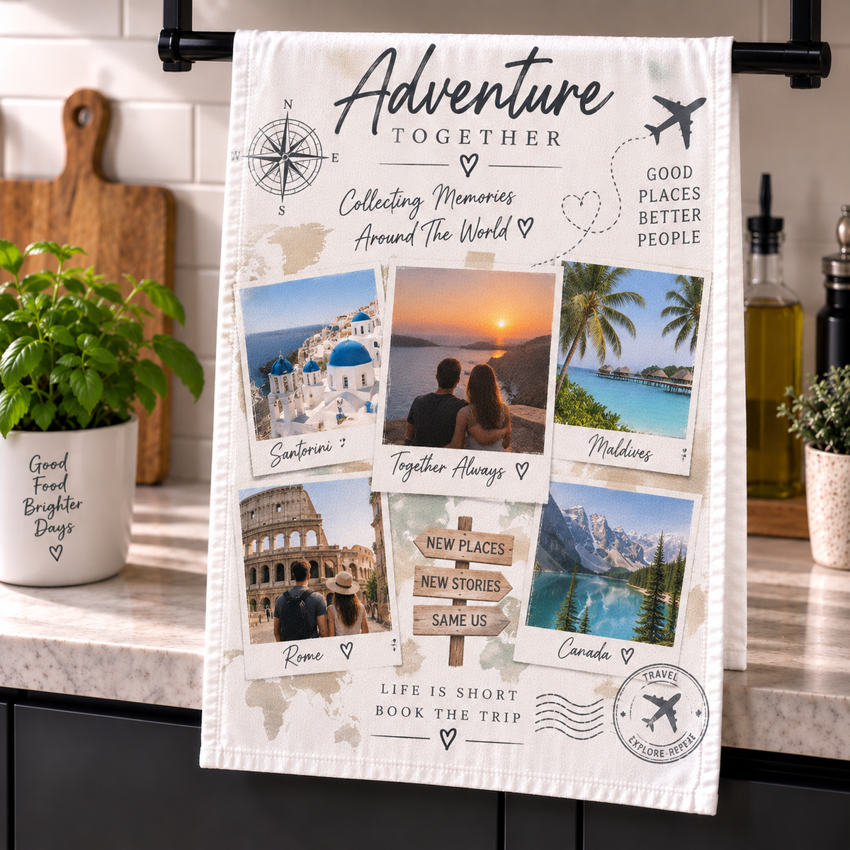 Personalised Travel 5 Photos Tea Towel  - Custom Design With Photo & Message