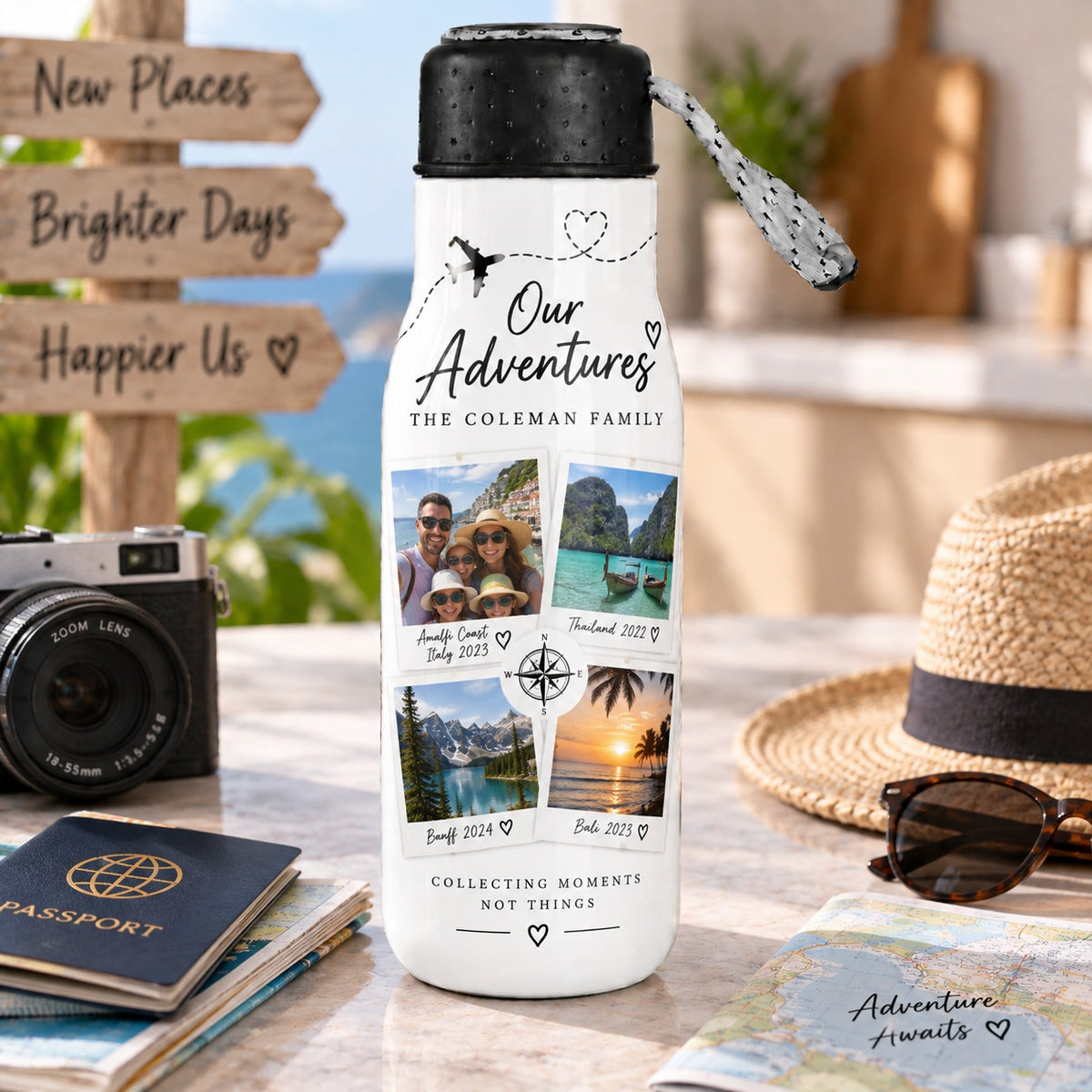 Personalised Travel 4 Photos Bottle – Upload Your Own Photos and Message | Custom Photo Water Bottle