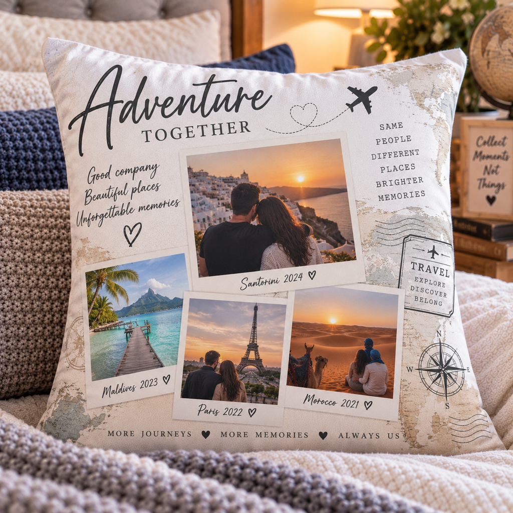 Personalised Travel 4 Photo Cushion - Custom Cushion With Travel Photos & Message