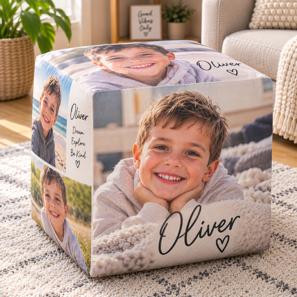 Personalised 4 Photos & Name Pouffe  - Custom Design With Your Photo & Name