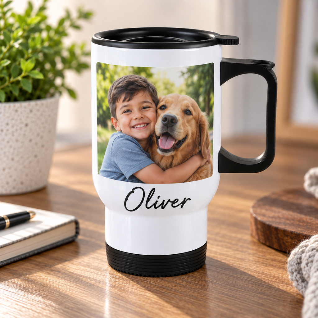 Personalised Photo & Name Travel Mug – Upload Your Own Photo and Name | Custom Photo Travel Cup