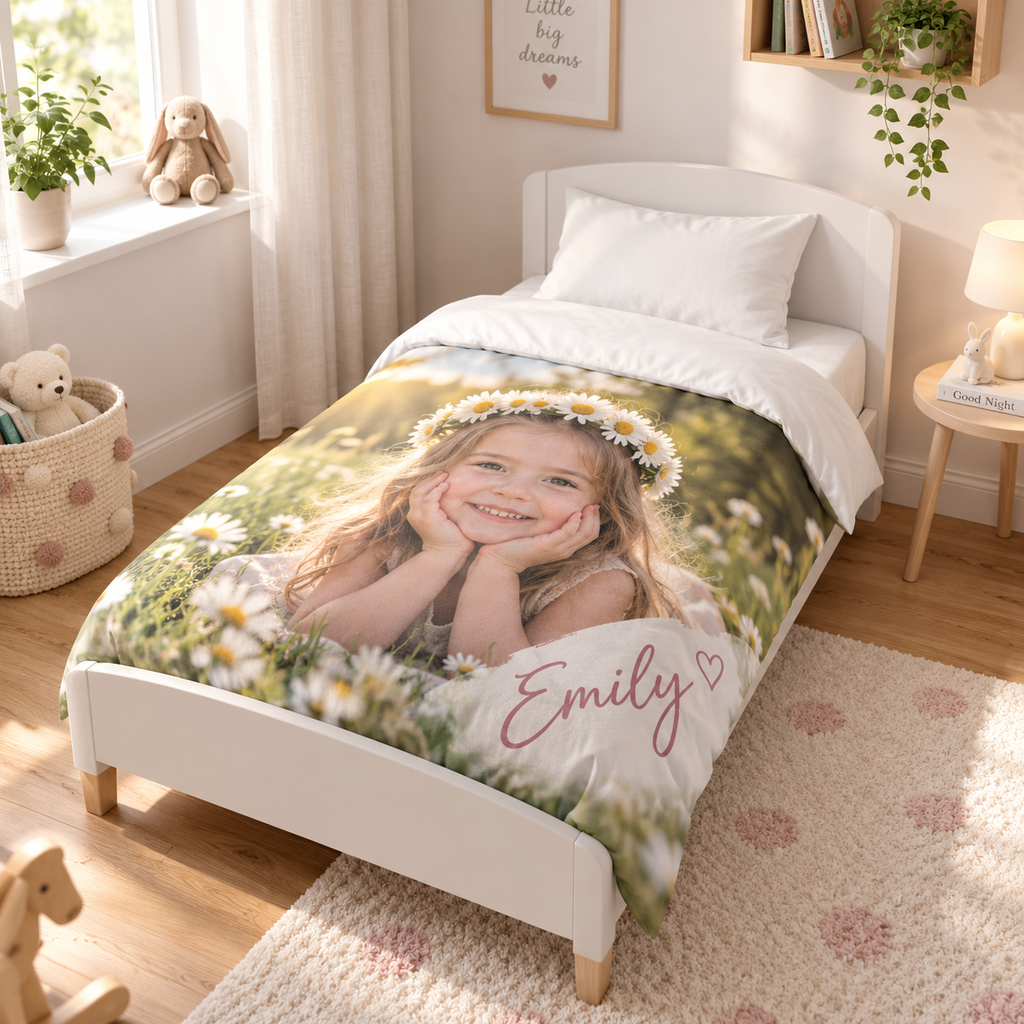 Personalised Photo & Name Cot Bedding Duvet Cover & Pillowcase Set - Custom Cot Bedding Duvet Cover & Pillowcase Set With Your Photo & Name