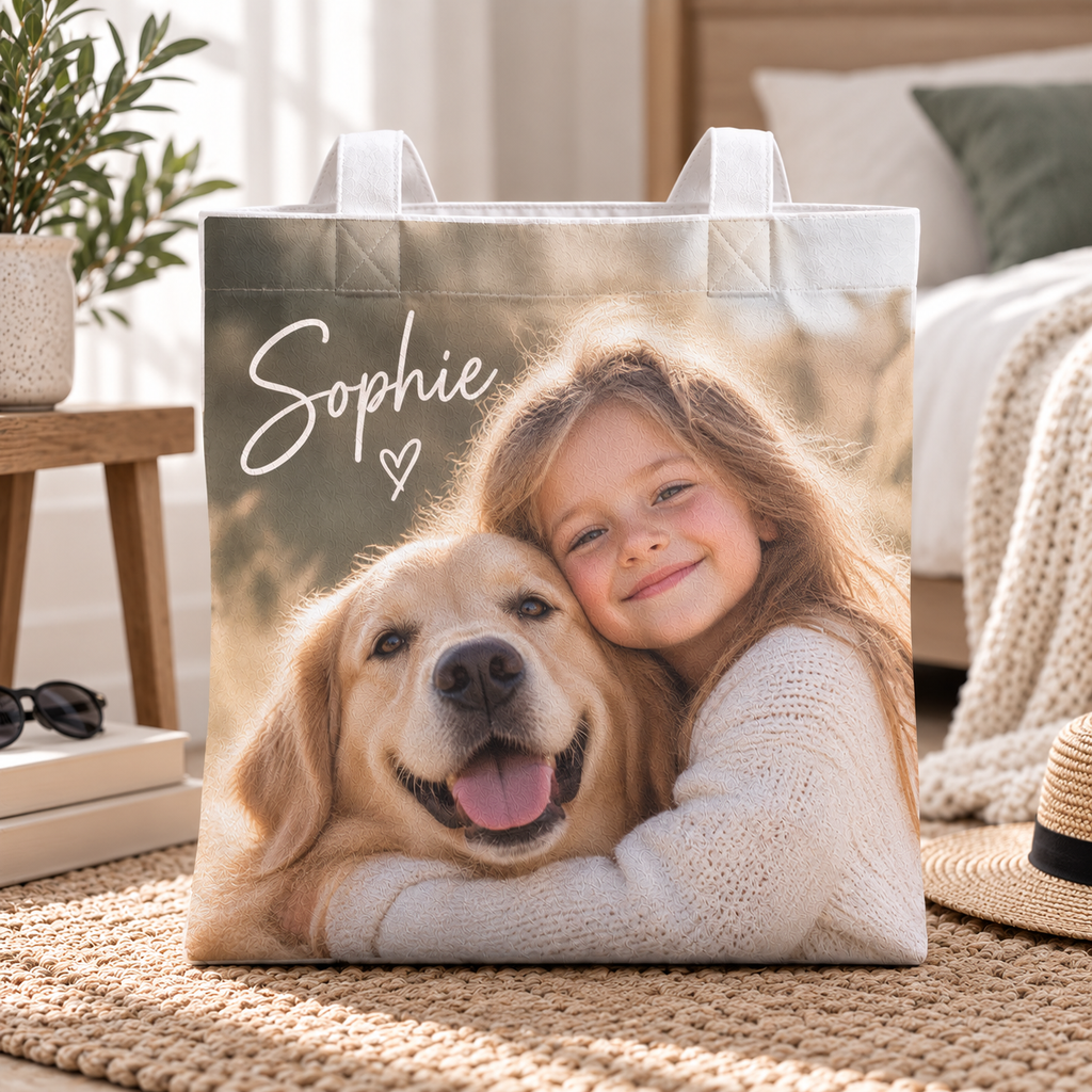 Personalised Photo & Name Tote Bag – Upload Your Own Photo and Name | Custom Photo Shopping Bag