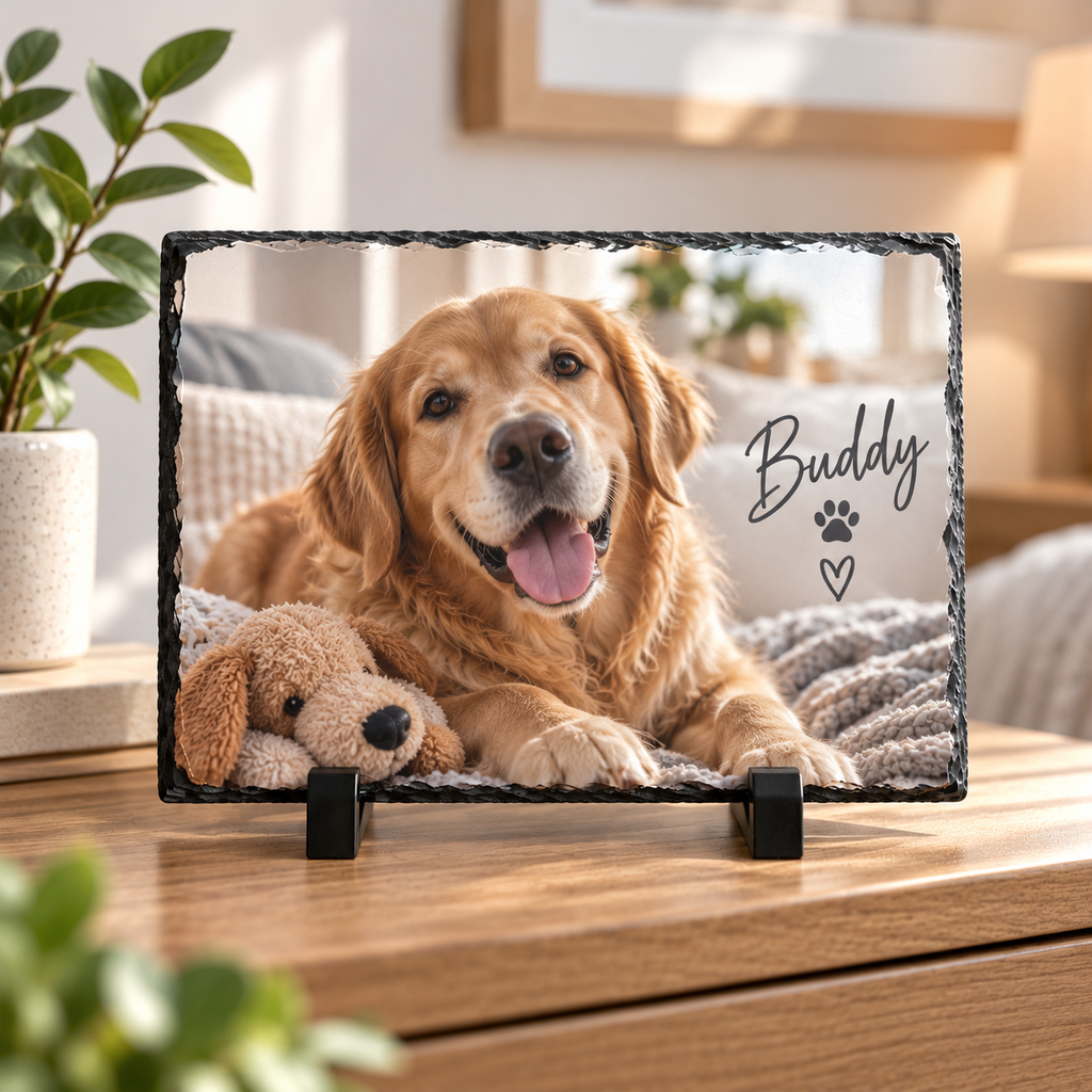 Personalised Pet Photo Slate – Upload Your Own Pet Photo and Name | Custom Picture Slate Stand