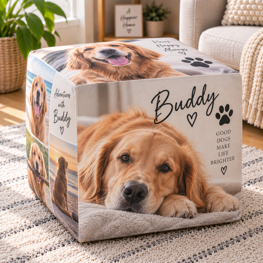 Personalised 4 Pet Photos Pouffe  - Custom Dog & Cat Design With Name