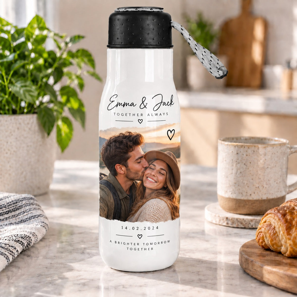 Personalised Couples Photo Travel Bottle – Upload Your Own Photo, Names and Date | Custom Photo Water Bottle