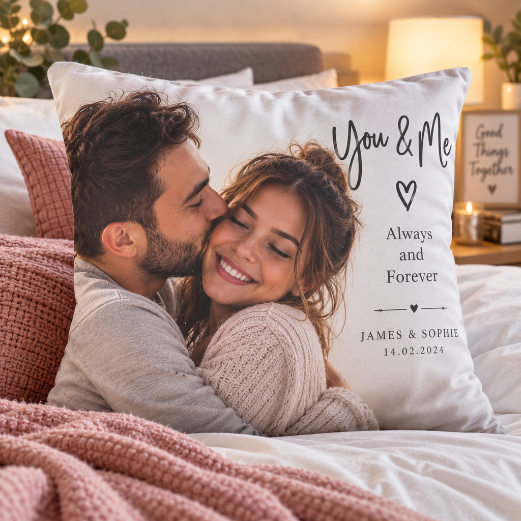 Personalised Couples Photo Cushion - Custom Romantic Cushion With Photos, Names & Date