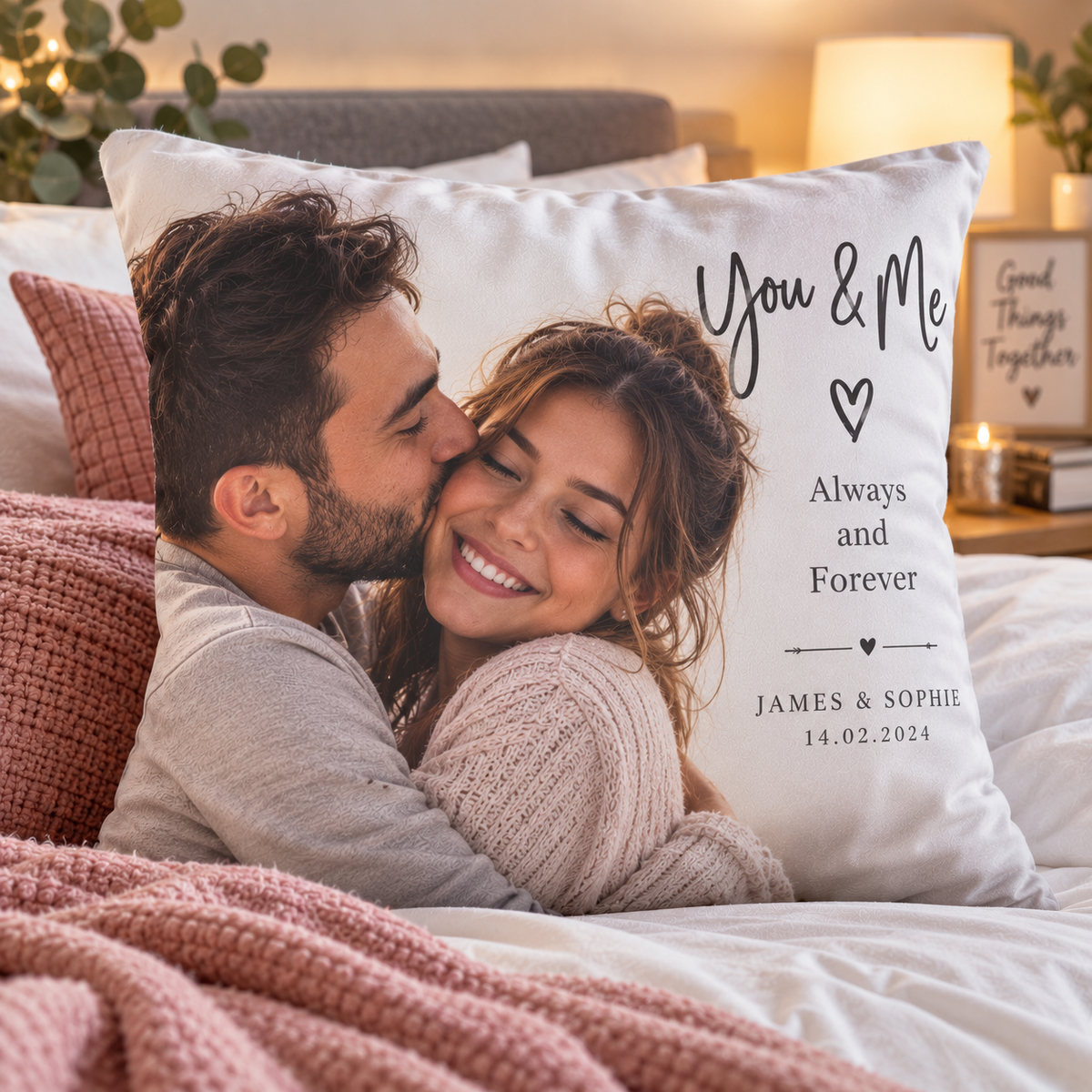 Personalised Couples Photo Cushion - Custom Romantic Cushion With Photos, Names & Date