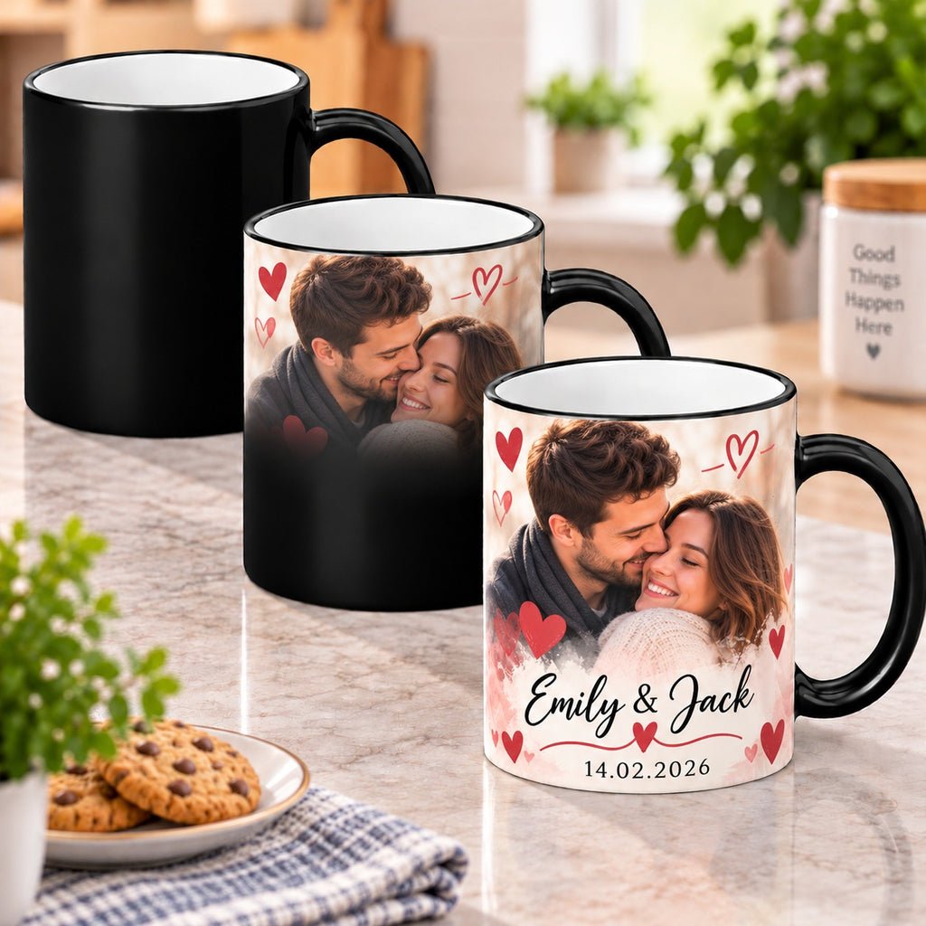 Personalised Couples Photo Heat Changing Mug – Custom Mug With Names & Date