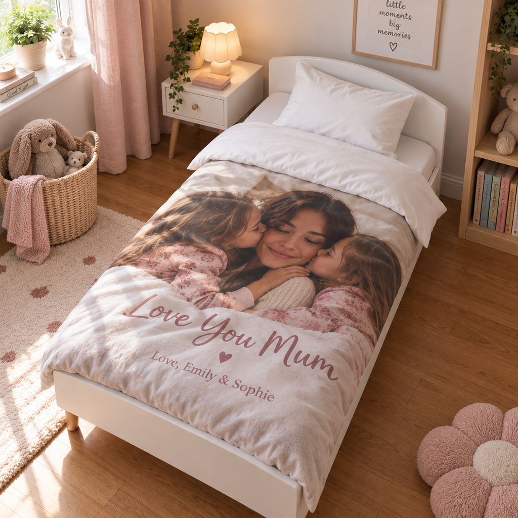 Personalised Mum Photo Cot Bedding Duvet Cover & Pillowcase Set - Custom Mother's Day Cot Bedding Duvet Cover & Pillowcase Set With Photo & Message
