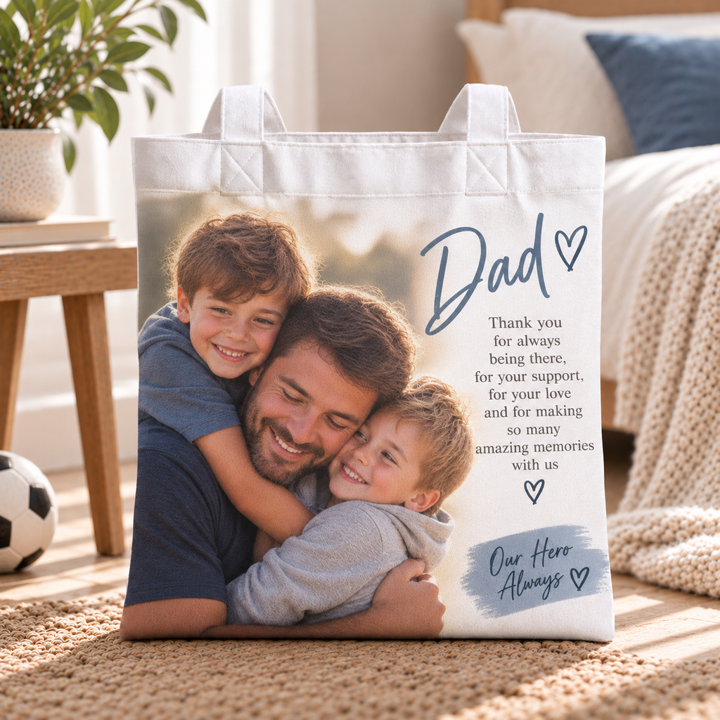 Personalised Dad Photo Tote Bag – Upload Your Own Photo and Message | Custom Photo Shopping Bag