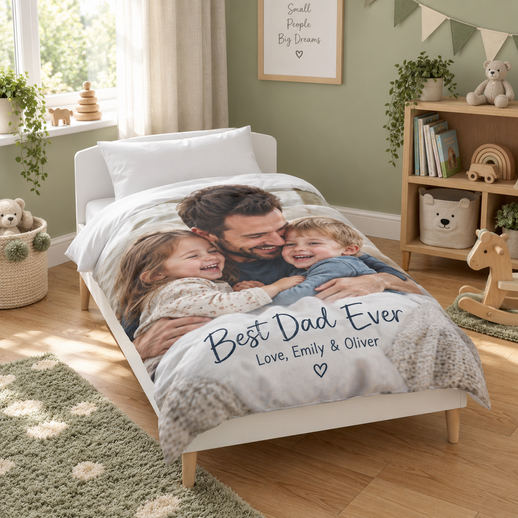 Personalised Dad Photo Cot Bedding Duvet Cover & Pillowcase Set - Custom Father's Day Cot Bedding Duvet Cover & Pillowcase Set With Photo & Message