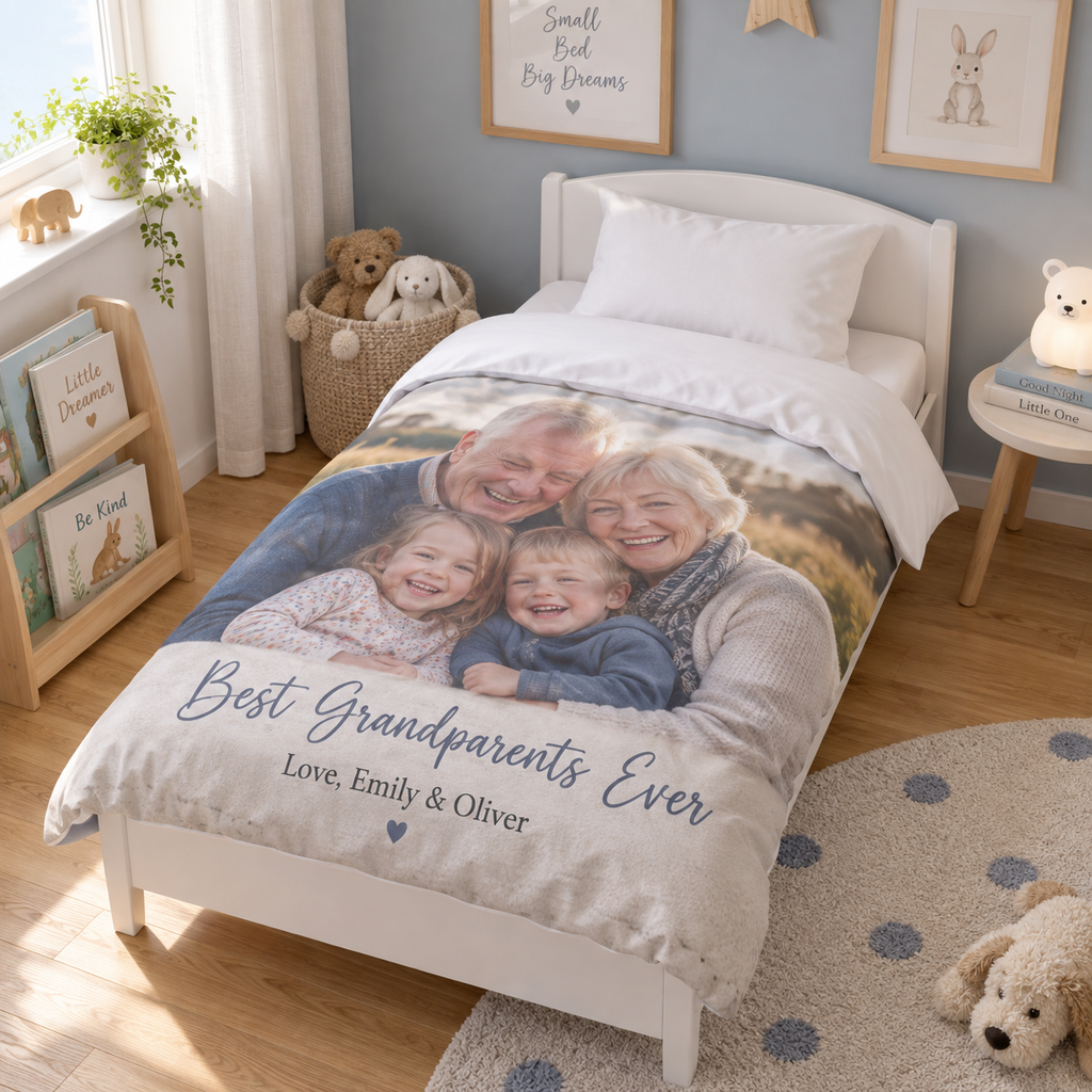 Personalised Grandparents Photo Cot Bedding Duvet Cover & Pillowcase Set - Custom Cot Bedding Duvet Cover & Pillowcase Set With Photo & Message