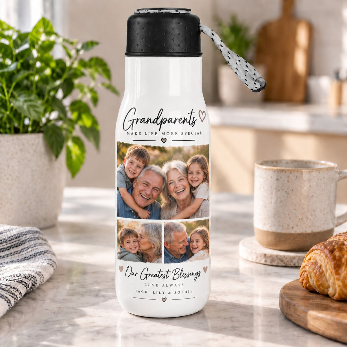 Personalised Grandparents 3 Photos Travel Bottle – Upload Your Own Photos and Message | Custom Photo Water Bottle