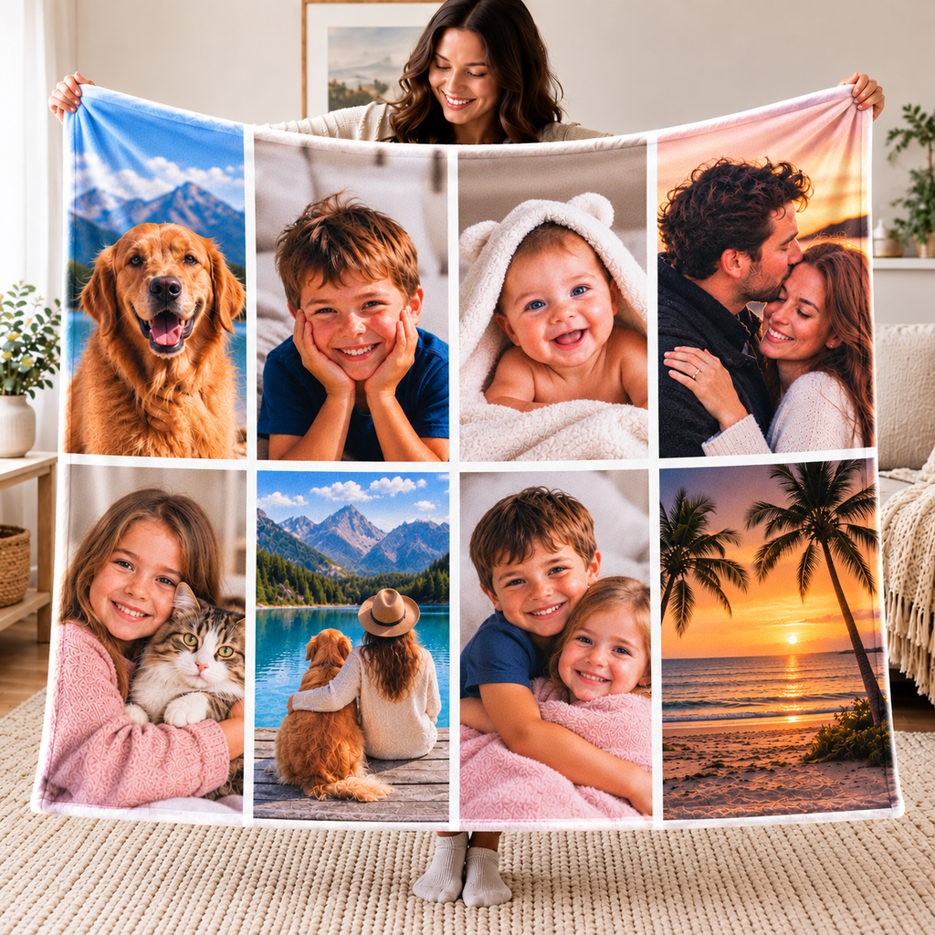Personalised 8 Photo Collage Blanket – Custom Blanket With Your Pictures