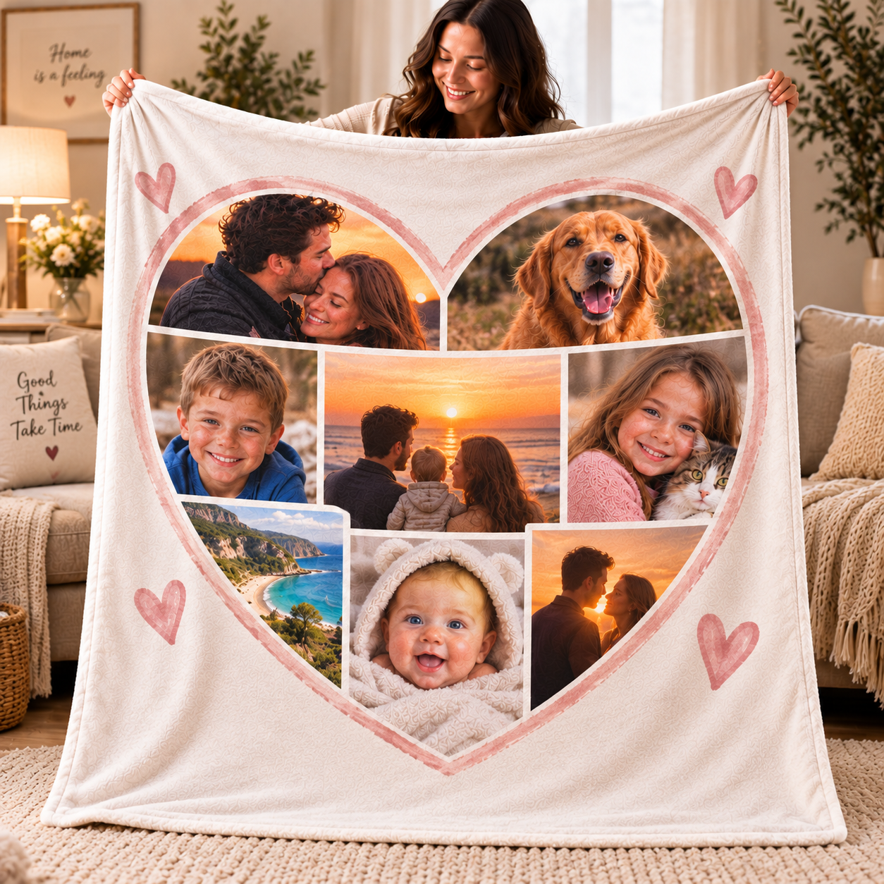 Personalised Heart Photo Collage Blanket – Custom Heart Blanket With Your Pictures